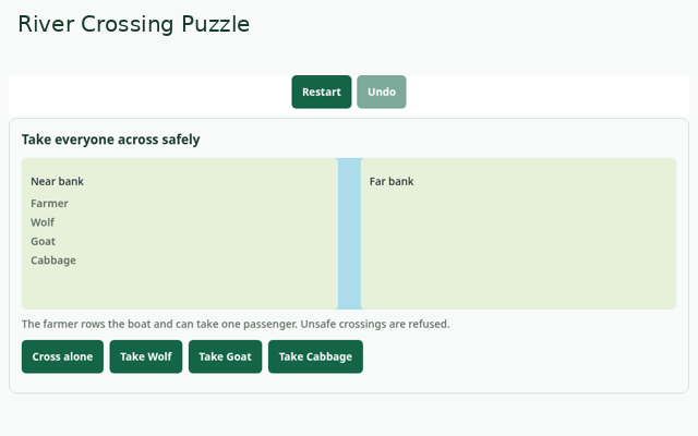 River Crossing Puzzle playing interface